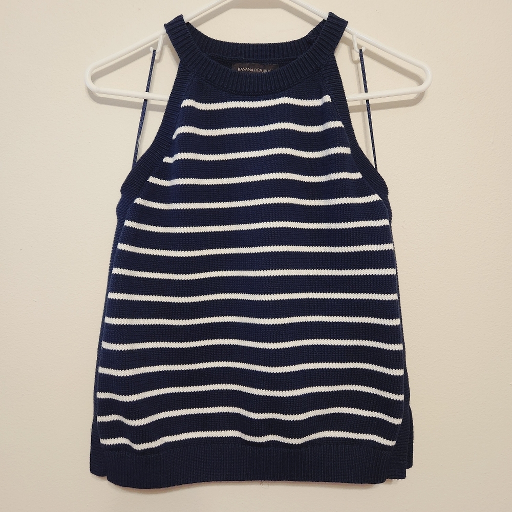 Banana Republic Navy Blue & White Striped Sleeveless Knit Top